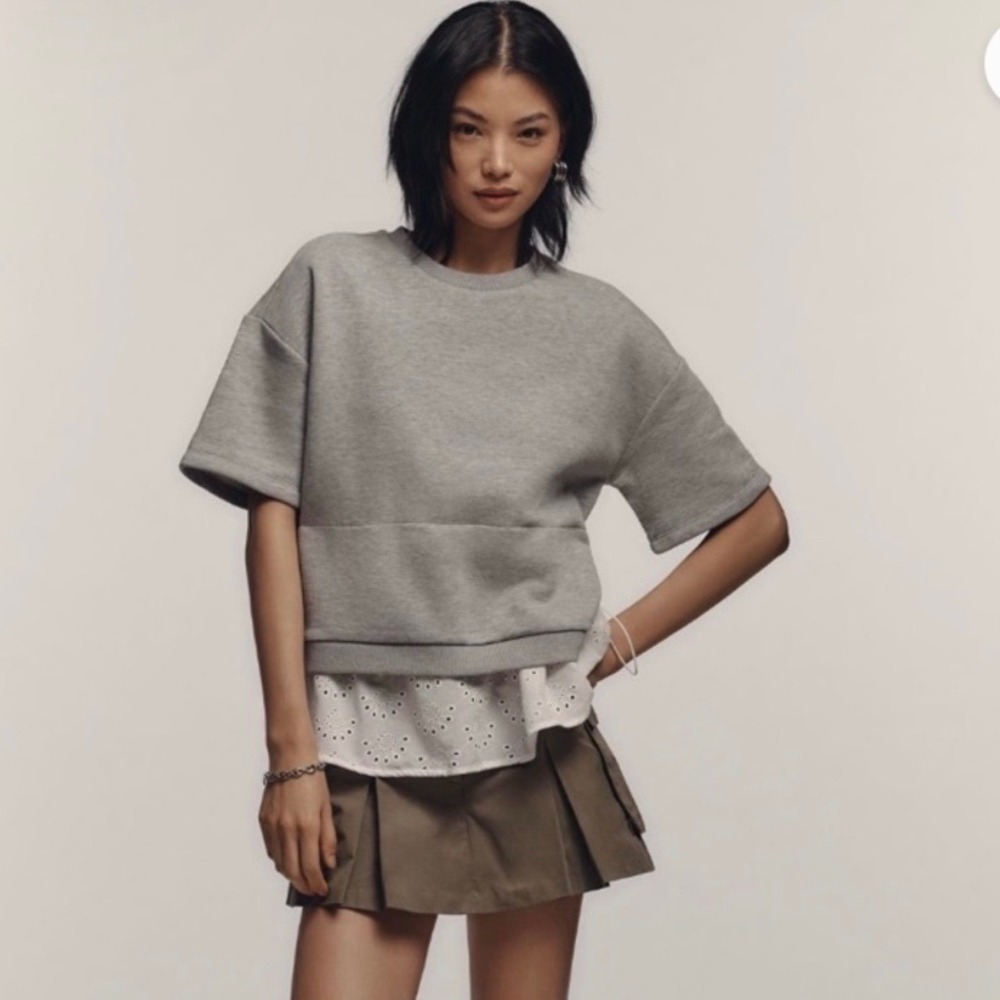 Anthropologie Gray Eyelet Mixed Media Short Sleeve Sweatshirt XS Heather Gray